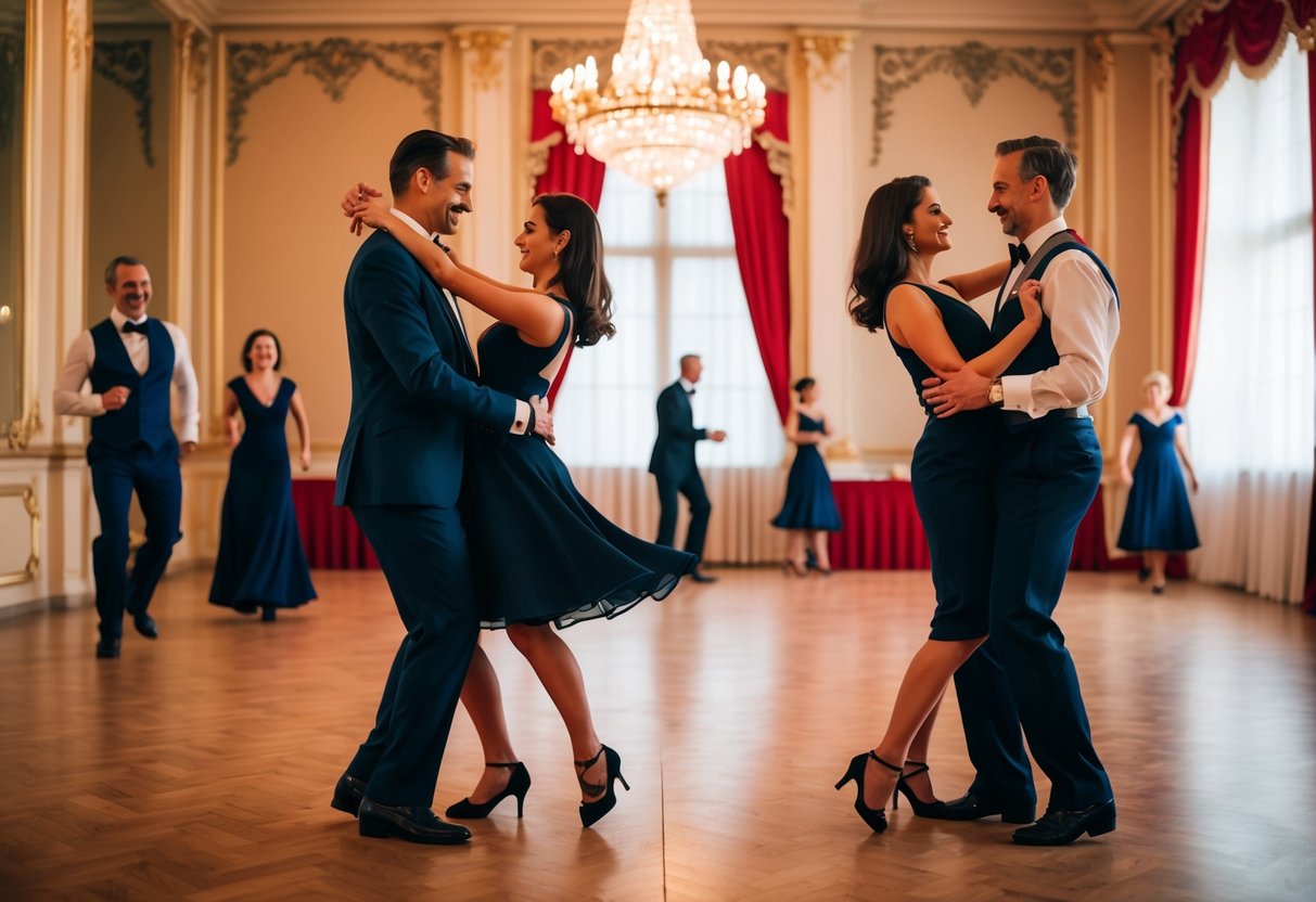 Couples salsa dancing in the vintage ballroom at Clärchens Ballhaus
