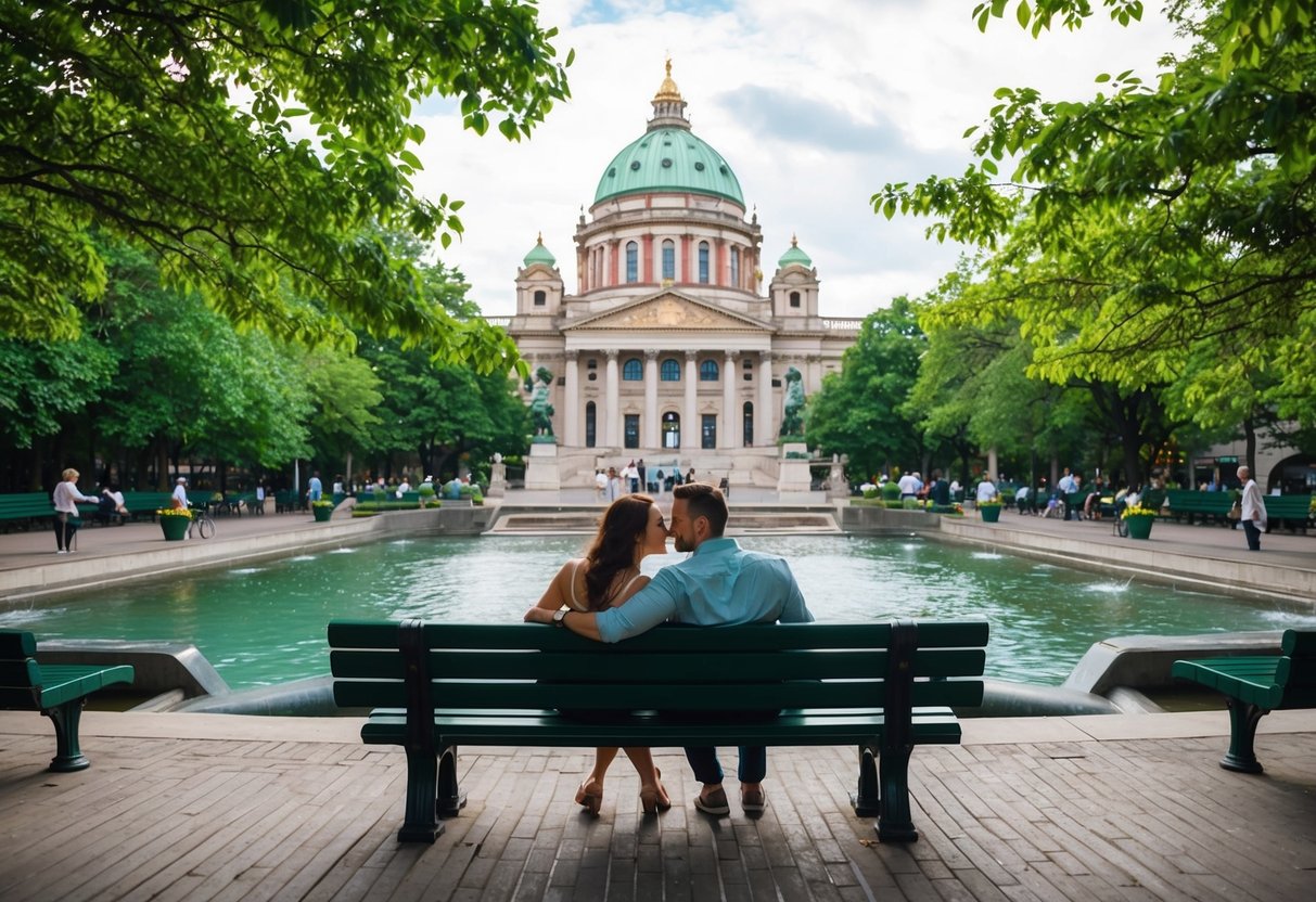 Couples lounging on benches under the Victoria Square Dome, surrounded by lush greenery and the sound of flowing water