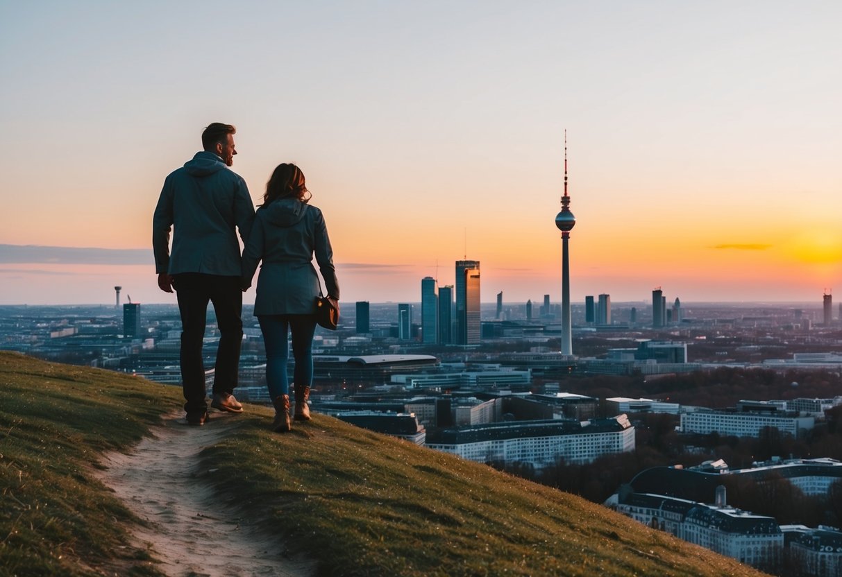A couple climbs Teufelsberg Hill, overlooking Berlin's skyline at sunset