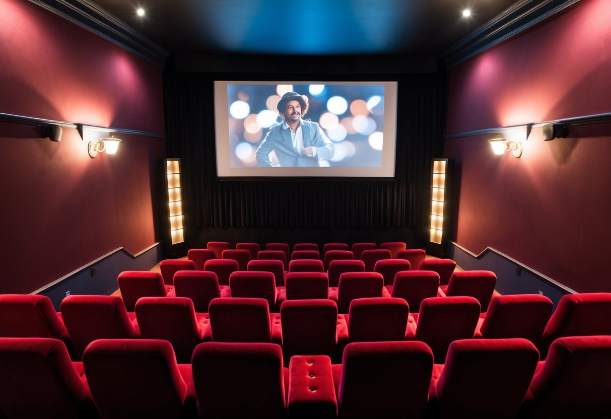 A cozy movie theater with red velvet seats, dim lighting, and a large screen showing a film