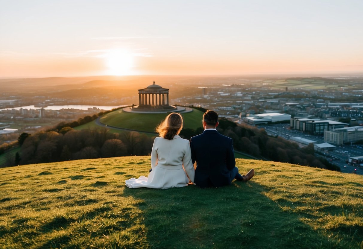 A couple sits on a grassy hill, gazing at the panoramic views from the top of Knockagh Monument in Belfast. The sun sets in the distance, casting a warm glow over the landscape