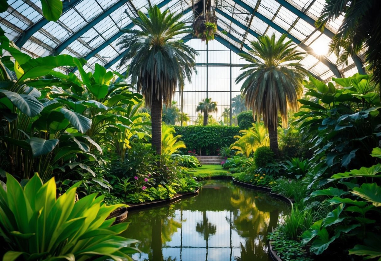 Lush greenery fills the Victorian glasshouse, sunlight filtering through the towering palm trees and exotic plants. A tranquil pond reflects the vibrant foliage