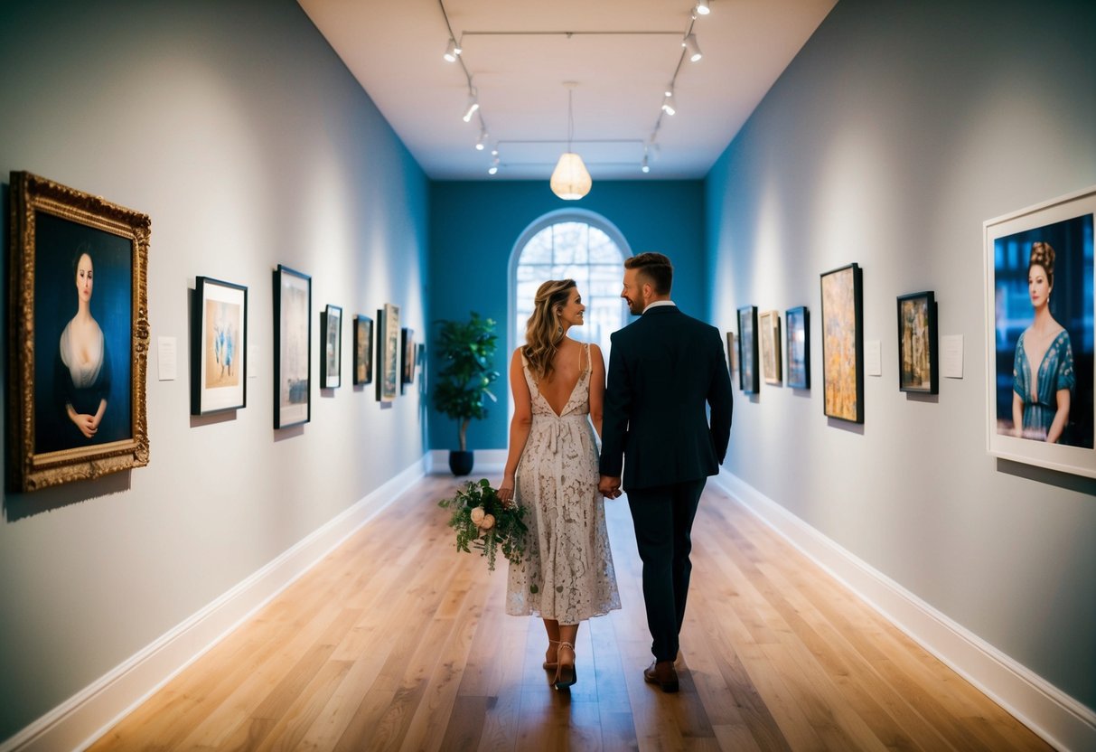 A couple strolls through the Naughton Gallery, admiring the diverse collection of art. The soft lighting and serene atmosphere create a romantic setting for a date