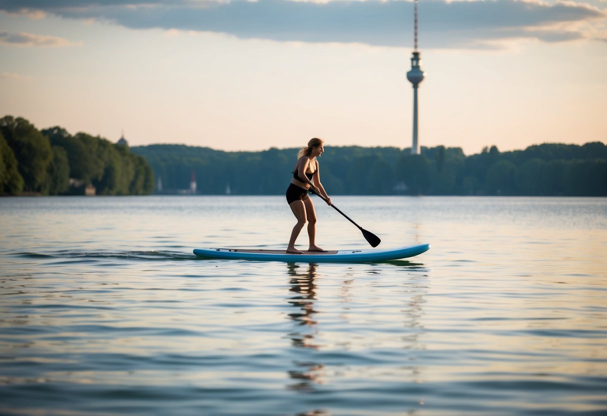 A serene lake scene with a paddle boarder gliding across the water on Wannsee, Berlin