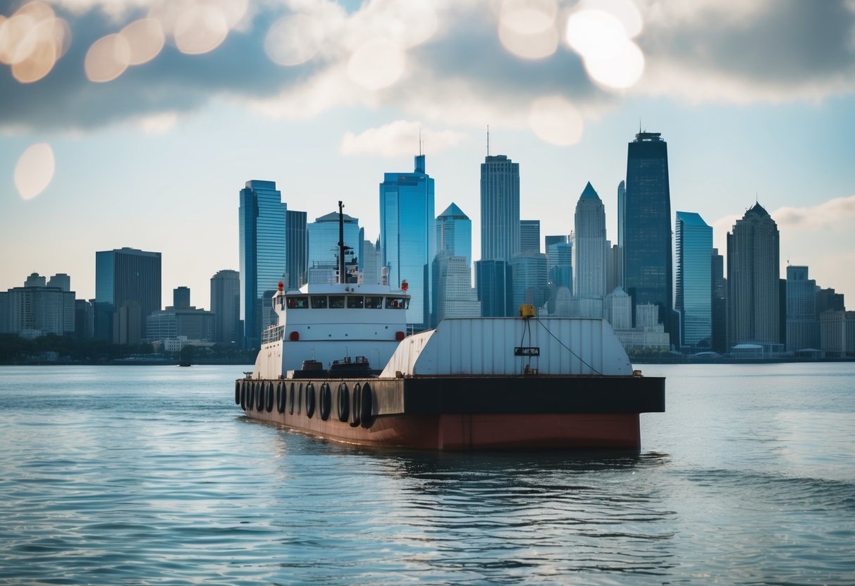 A barge floating on the water with a city skyline in the background
