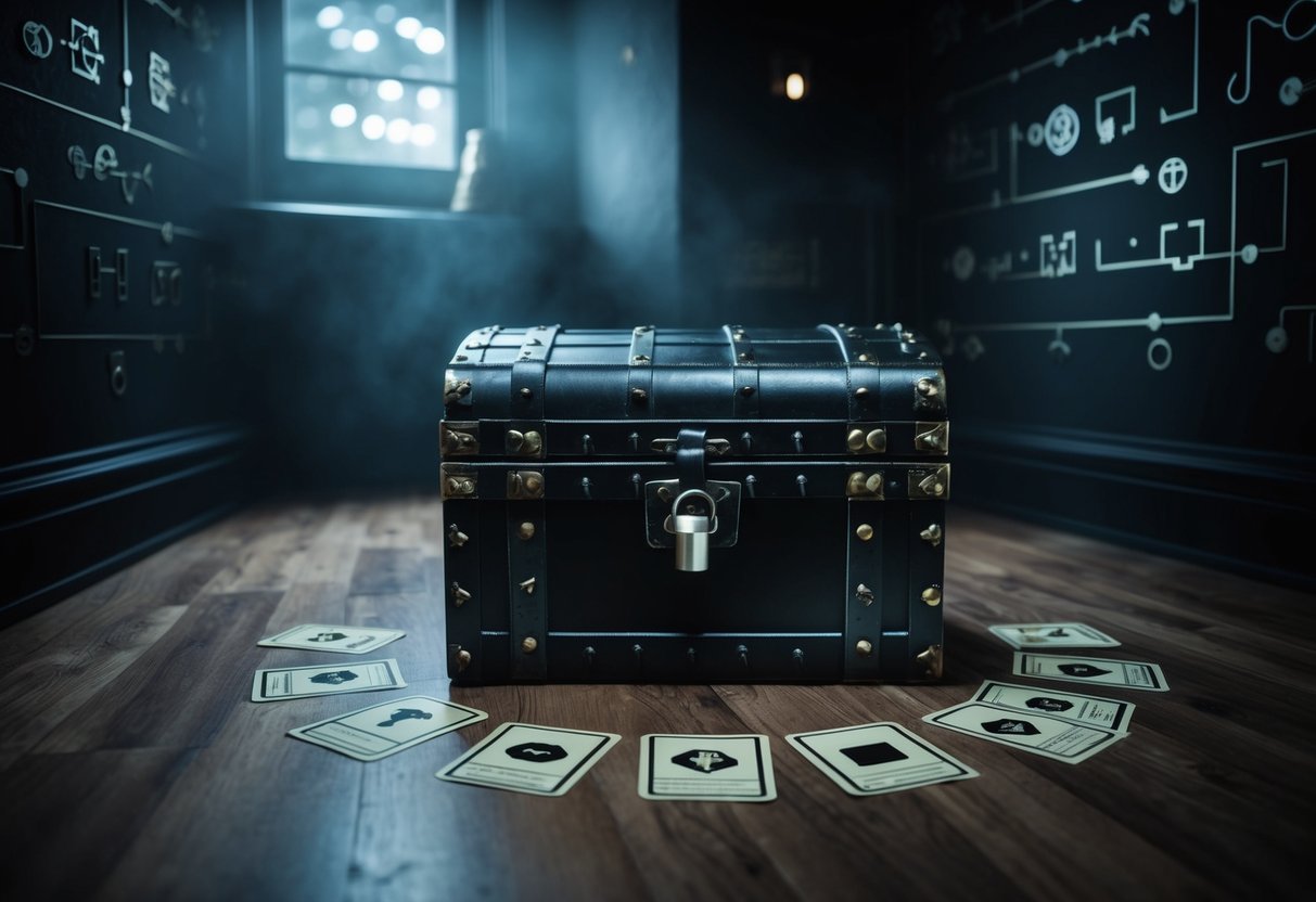A dimly lit room with cryptic symbols on the walls, a locked chest, and a series of clues scattered around