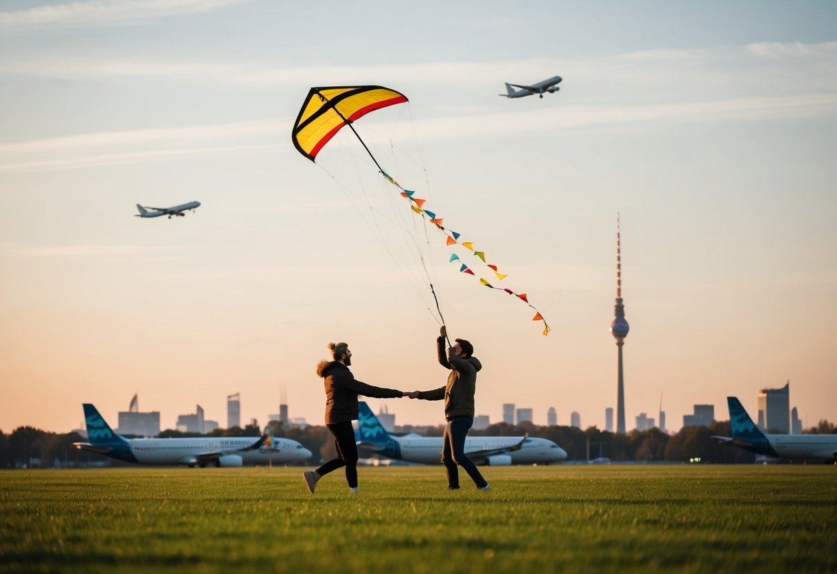 A couple flying a kite at Tempelhofer Feld, with airplanes in the background and the Berlin skyline in the distance