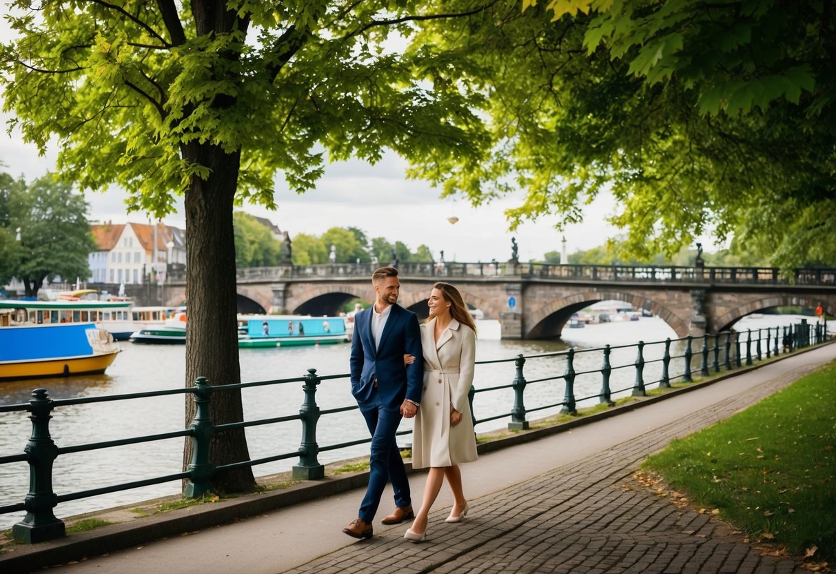 A couple strolling by the Landwehrkanal, passing under leafy trees and historic bridges, with colorful boats dotting the water