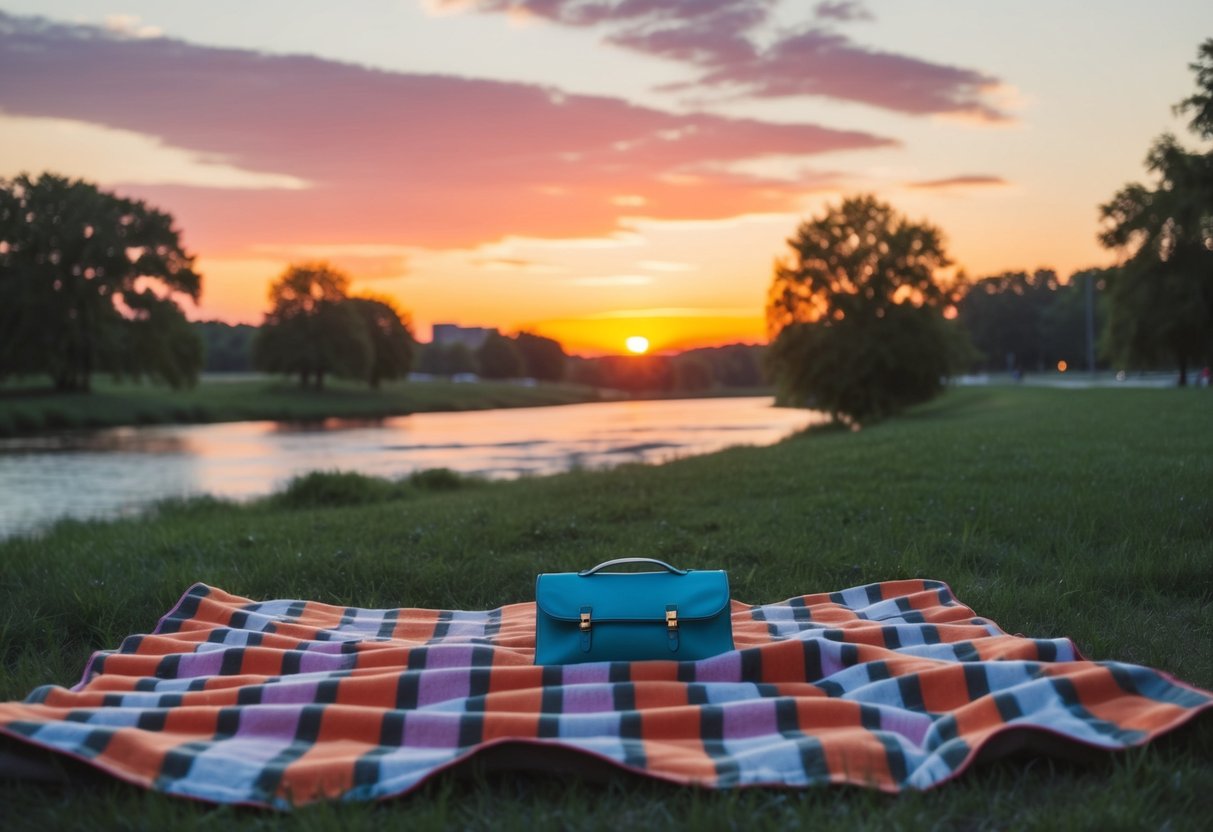 A picnic blanket spread out under the glowing orange and pink hues of a sunset at River Legacy Park, with a serene river flowing in the background