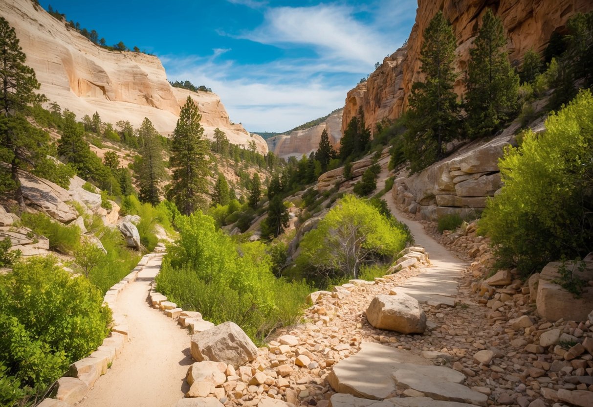 Hiking trails wind through rocky canyons, surrounded by lush greenery and towering trees at Crystal Canyon Natural Area