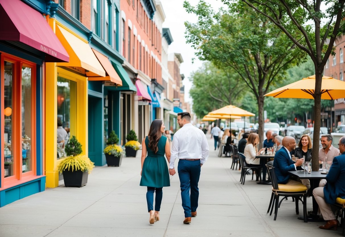 A couple walks past colorful storefronts on Lark Street, with trees lining the sidewalk and people enjoying outdoor dining