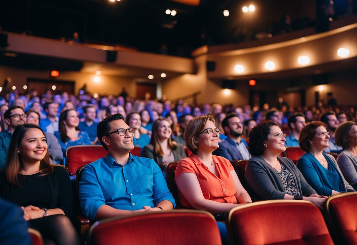 Audience members fill the seats of Theatre Arlington, watching a live show under the soft glow of stage lights