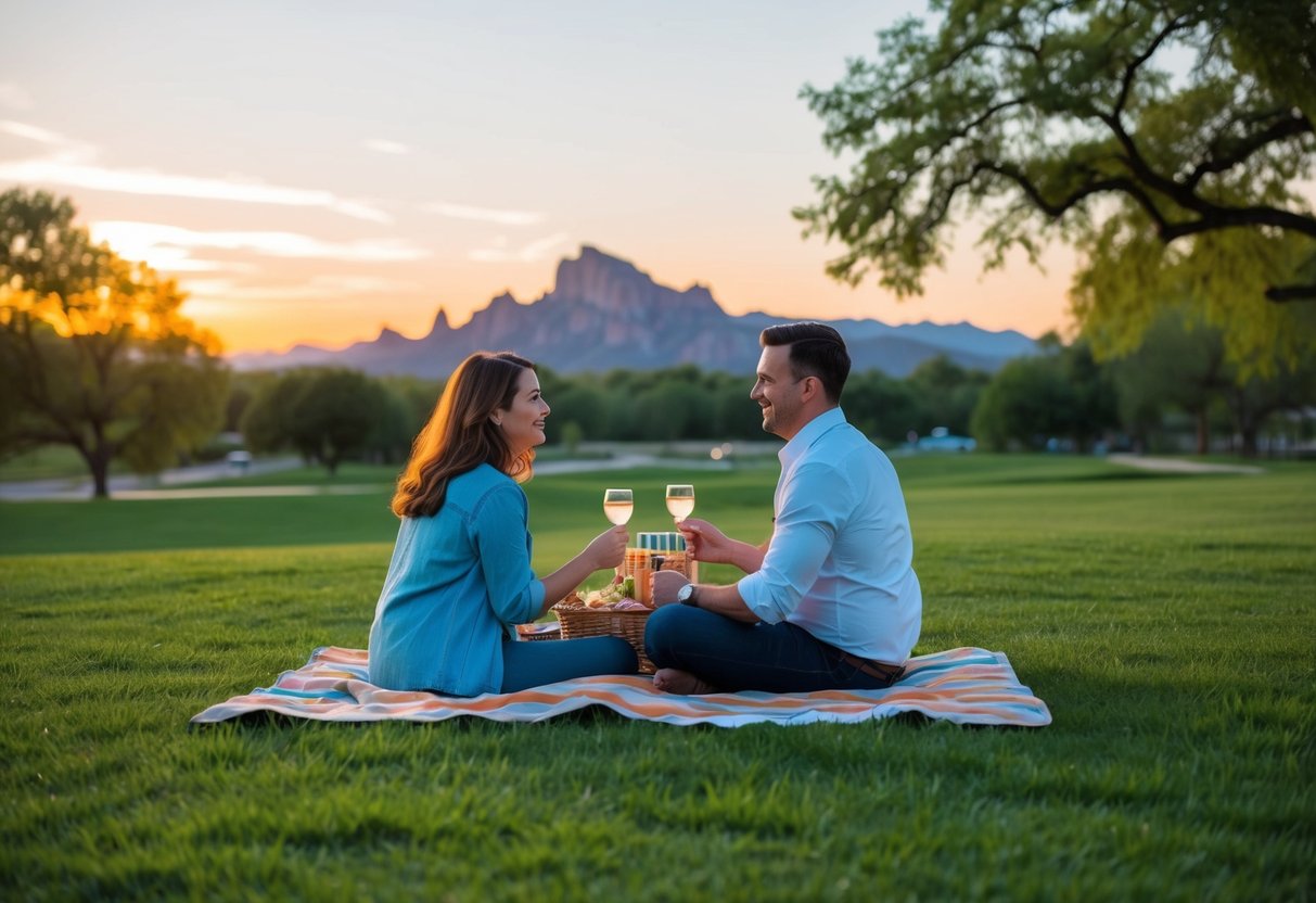 A couple picnicking in a lush park with a view of the Sandia Mountains at sunset