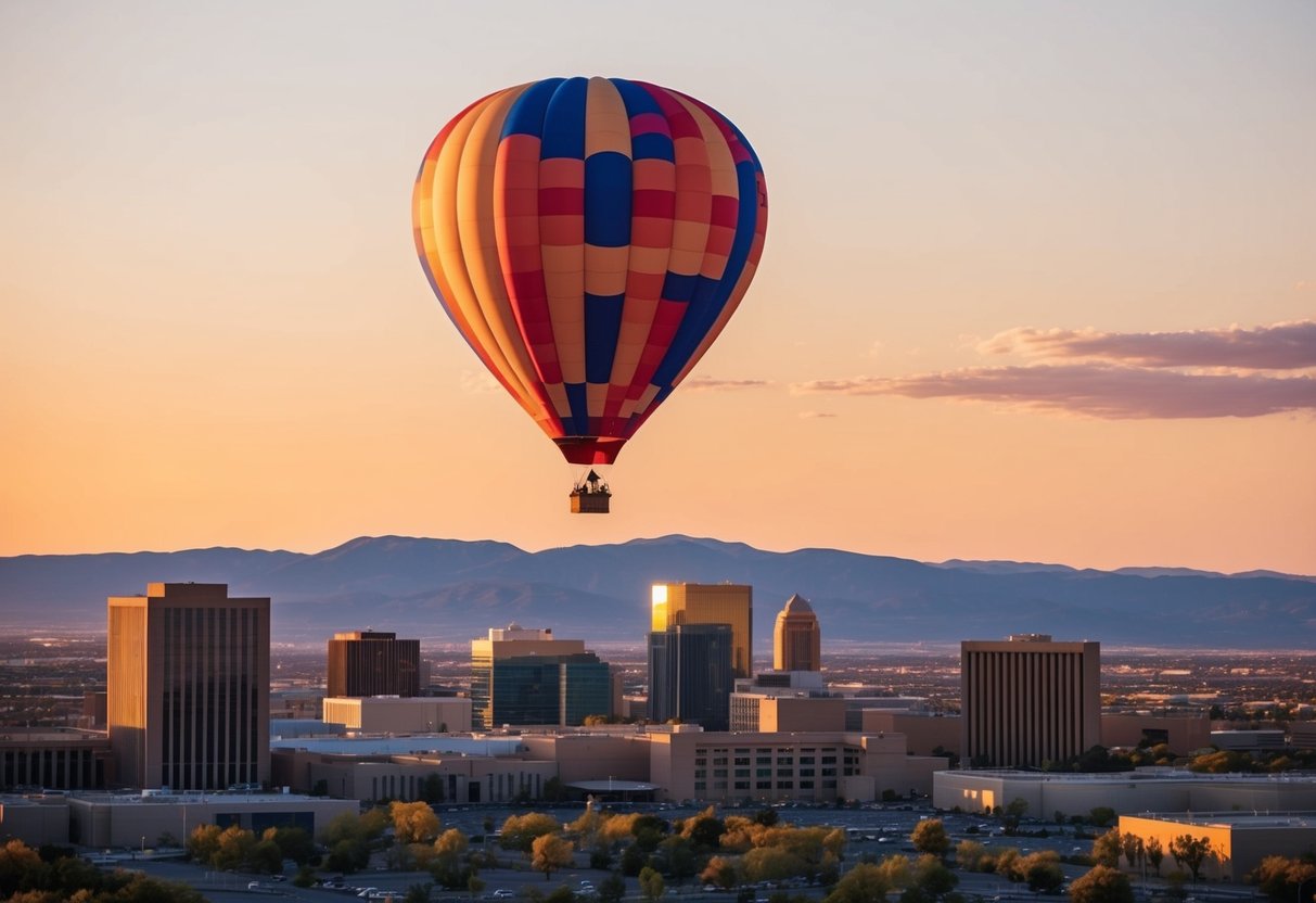 A colorful hot air balloon floats above the Albuquerque skyline as the sun rises, casting a warm glow over the cityscape