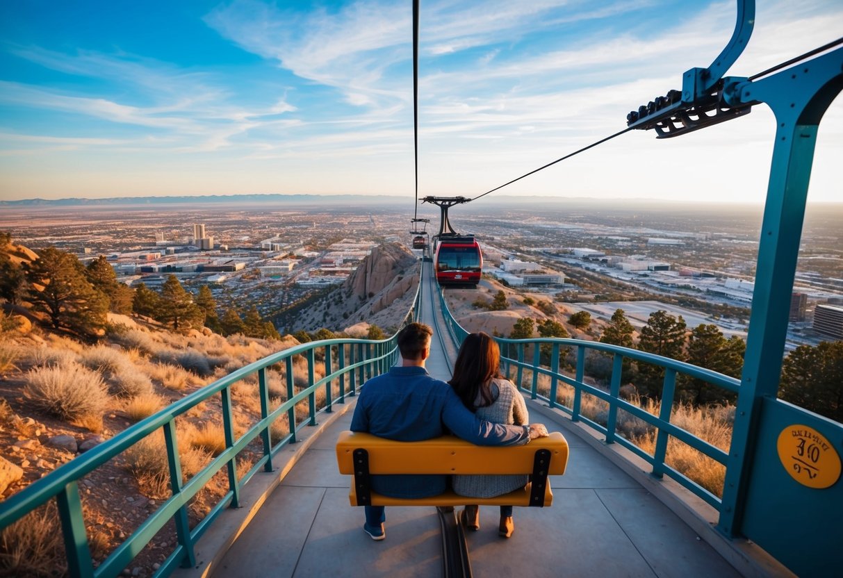 A couple enjoys a scenic ride on the Sandia Peak Tramway, with breathtaking views of Albuquerque and the surrounding landscape