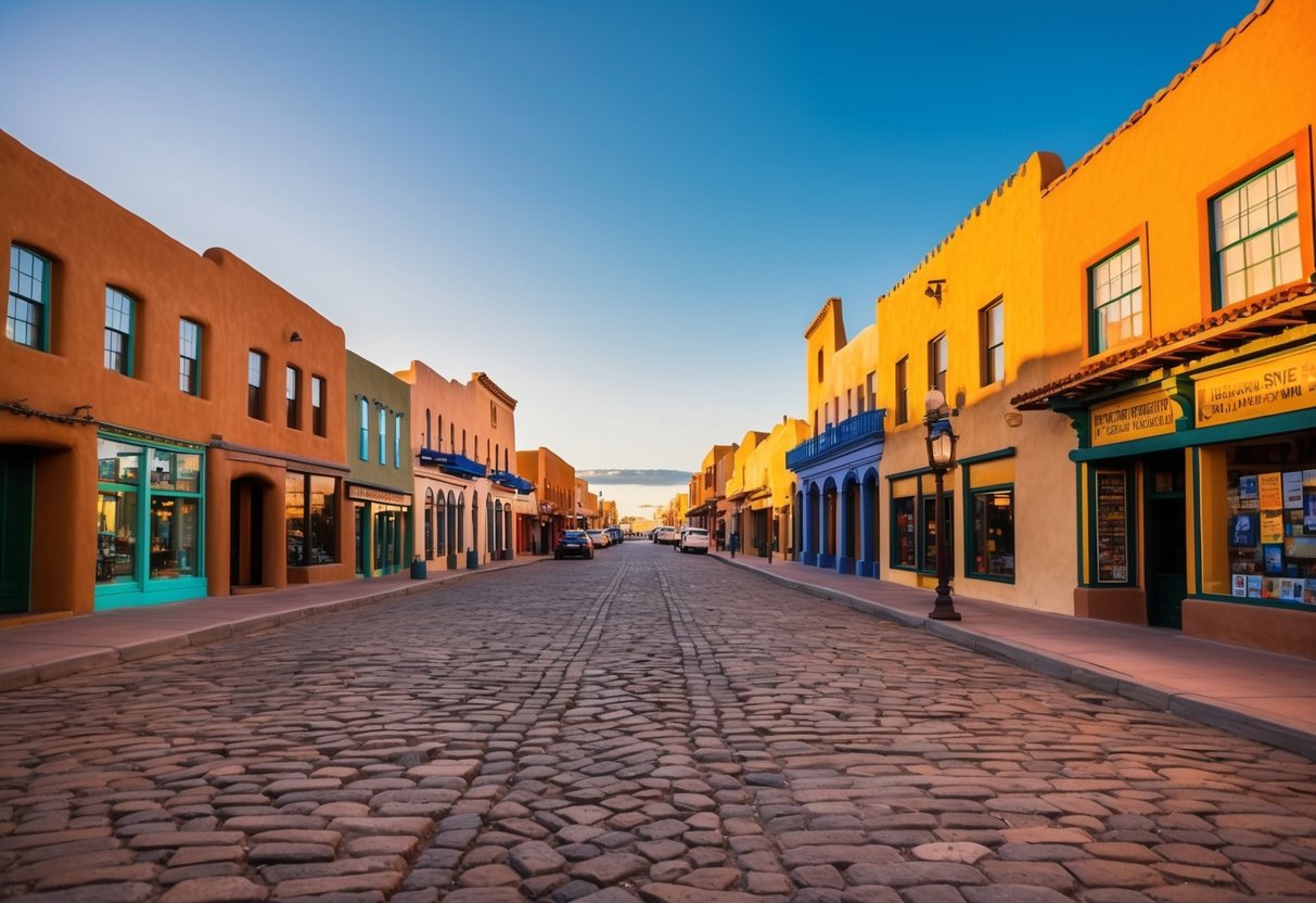A cobblestone street winds past adobe buildings and colorful storefronts in Old Town Albuquerque. The warm glow of the setting sun casts long shadows across the historic district