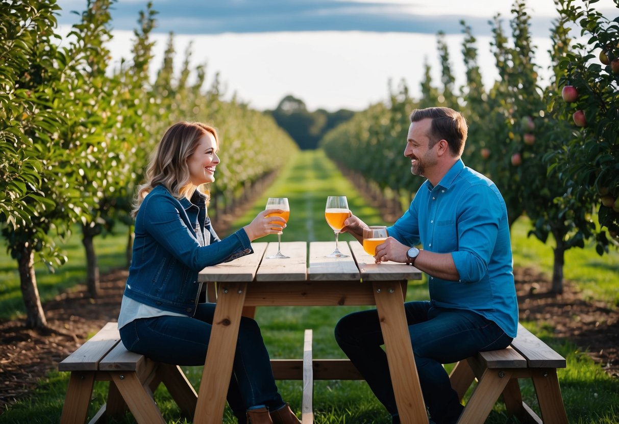 A couple sits at a wooden table, surrounded by rows of apple trees. They hold glasses of cider, enjoying a wine tasting at Nine Pin Cider