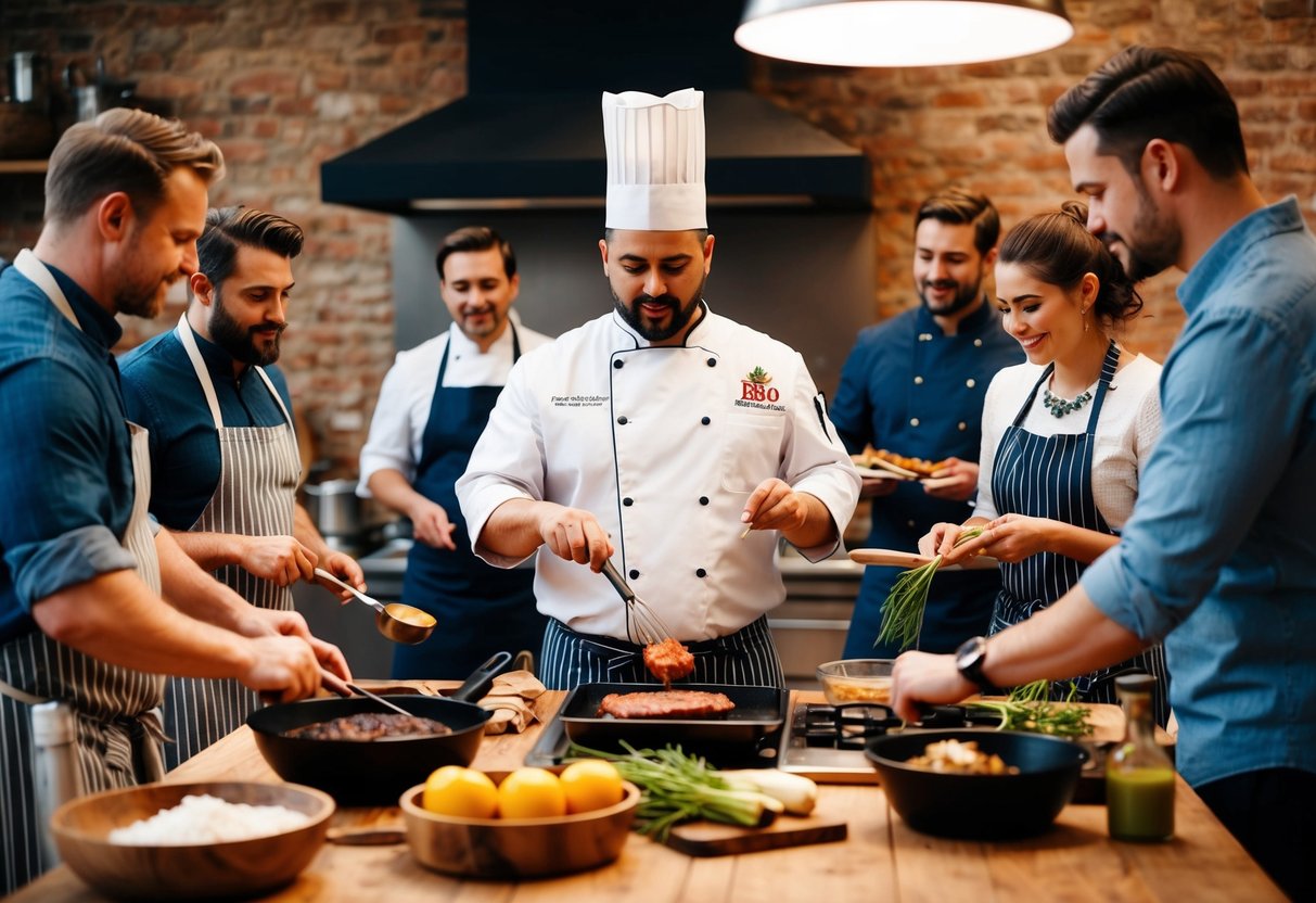 A chef instructs a group in a rustic kitchen, surrounded by BBQ tools and ingredients, as they learn to cook at Undeniably Good BBQ