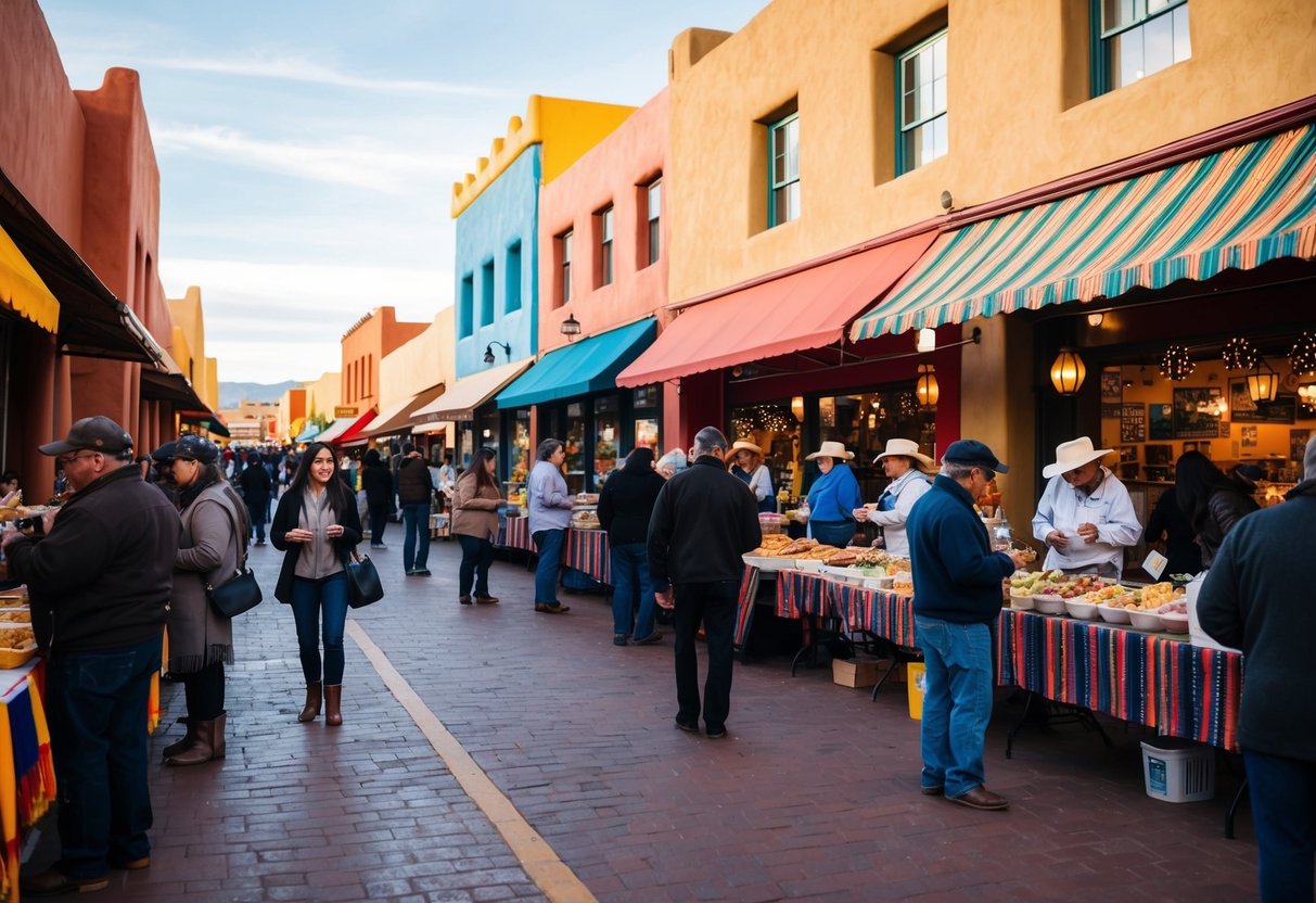 A bustling street in Santa Fe lined with colorful adobe buildings and bustling with people sampling food from various vendors