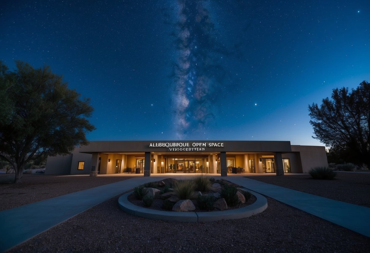 A peaceful night at the Albuquerque Open Space Visitors Center, with a clear sky full of stars and a tranquil natural setting