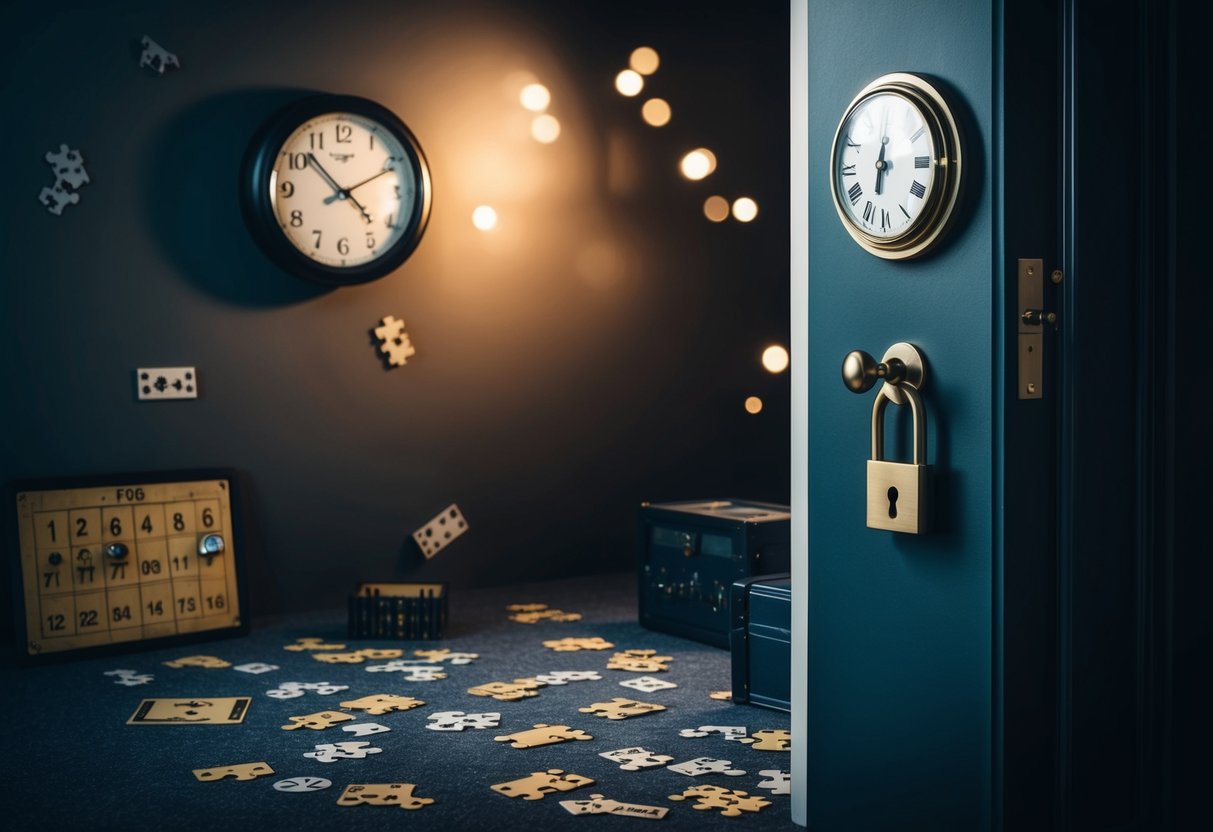 A dimly lit room with scattered clues and puzzles, a ticking clock on the wall, and a locked door with a mysterious code panel
