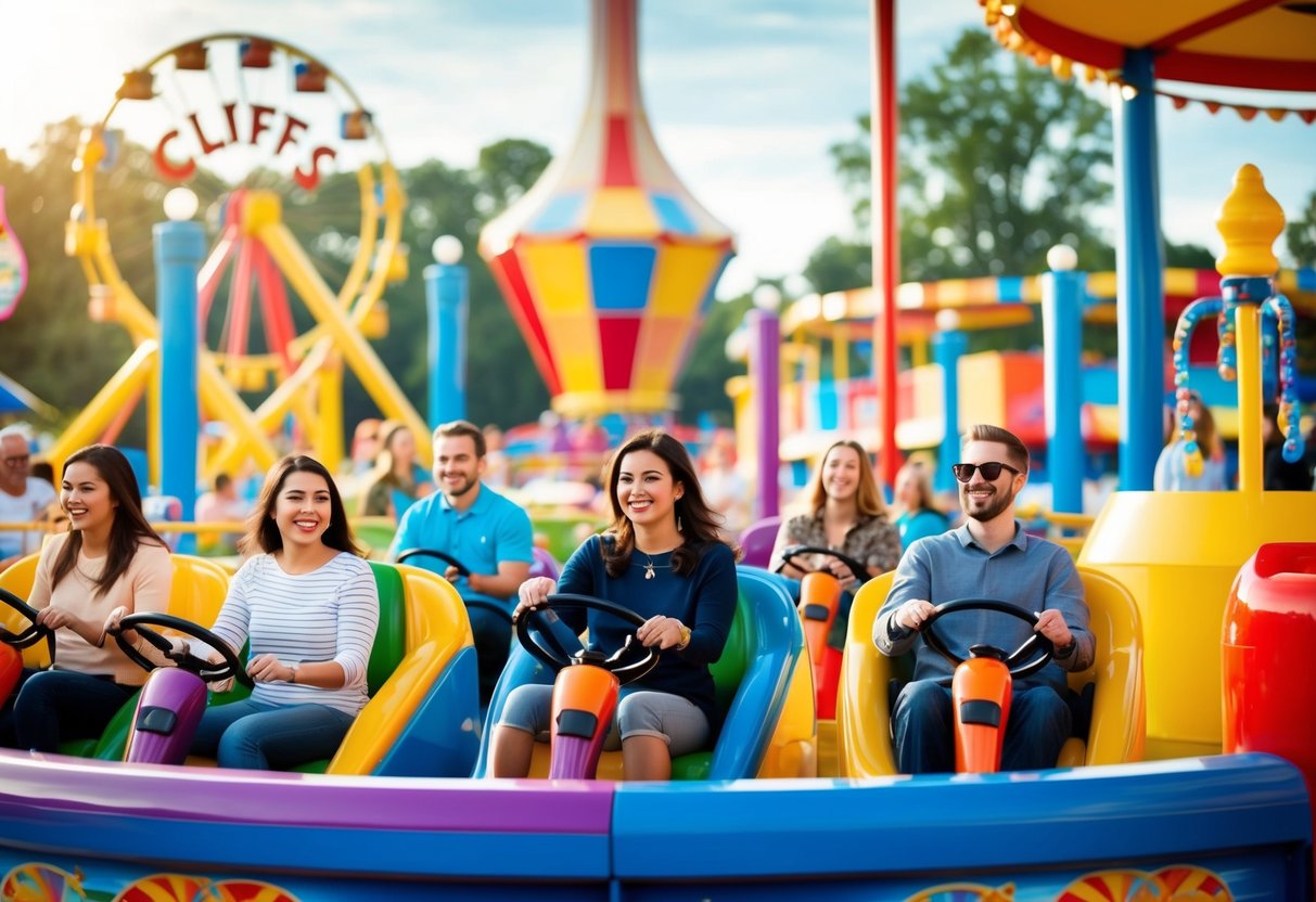 People enjoying rides and games at Cliffs Amusement Park, with colorful attractions and a lively atmosphere
