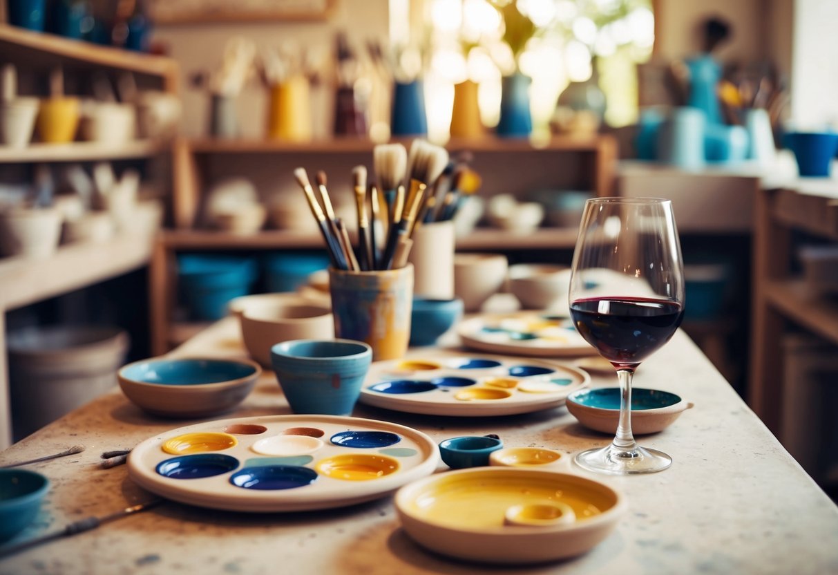 A cozy pottery studio with colorful paint palettes, brushes, and various pottery pieces scattered on tables. A warm and inviting atmosphere with a glass of wine on the side