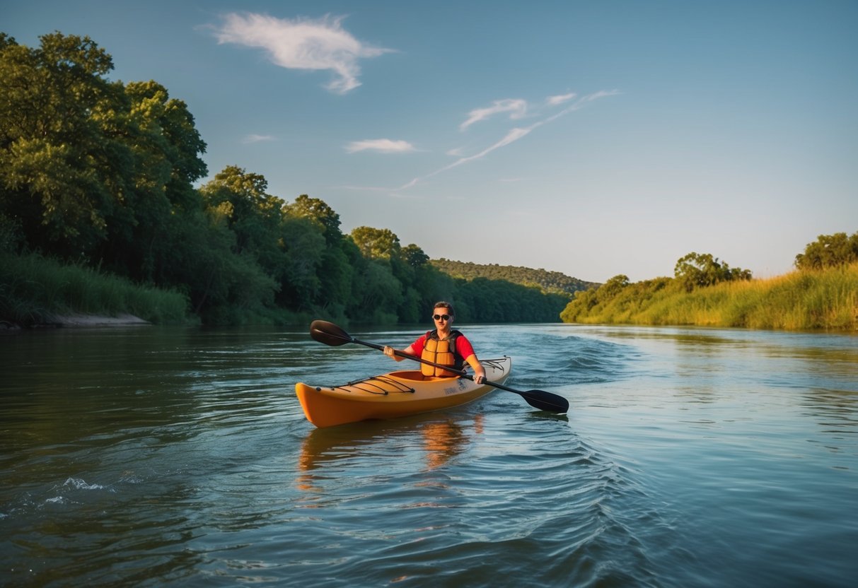 A serene river cruise on the Rio Grande, surrounded by lush greenery and calm waters, with a kayak from Quiet Waters Paddling Adventures