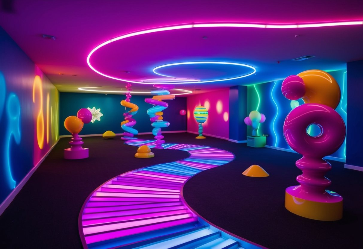 Vibrant, otherworldly room with twisting, neon-lit pathways and floating, surreal sculptures at Meow Wolf in Albuquerque