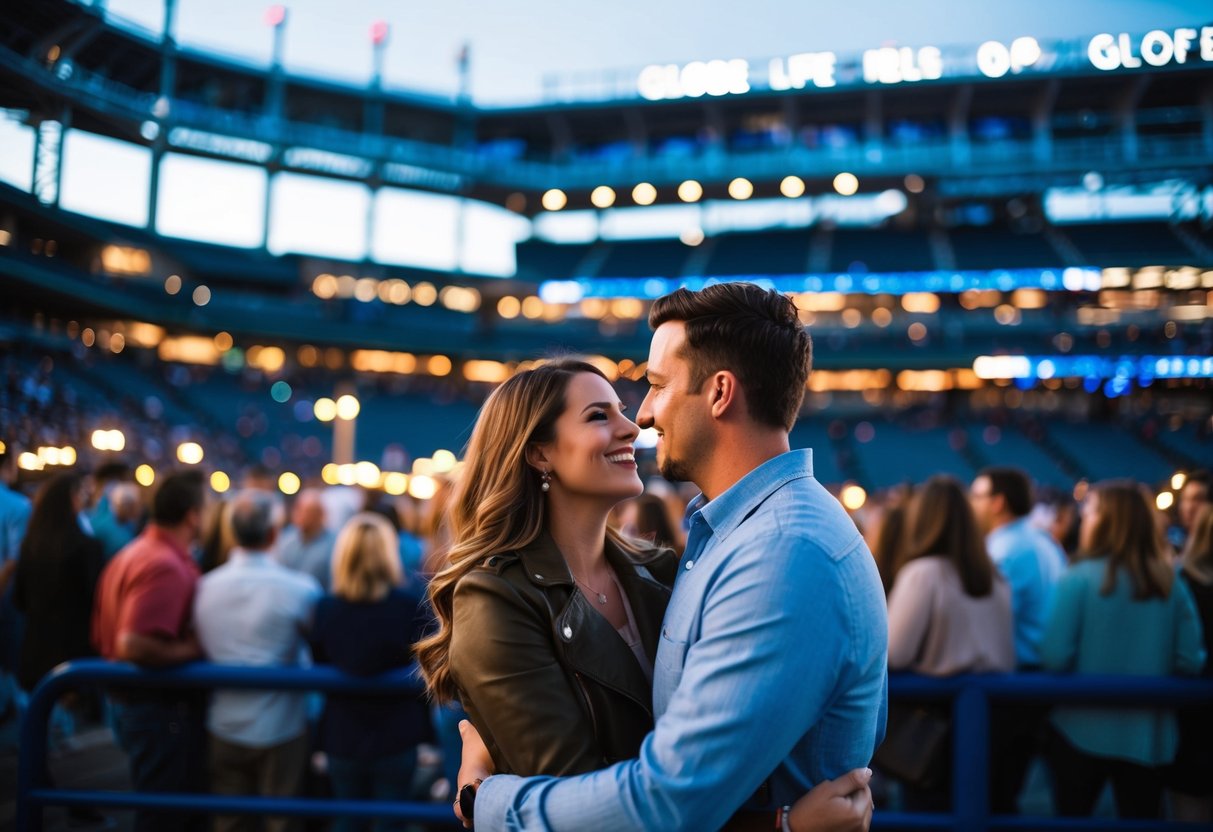A couple enjoys a romantic evening at Globe Life Field, surrounded by the glow of the stadium lights and the buzz of the crowd