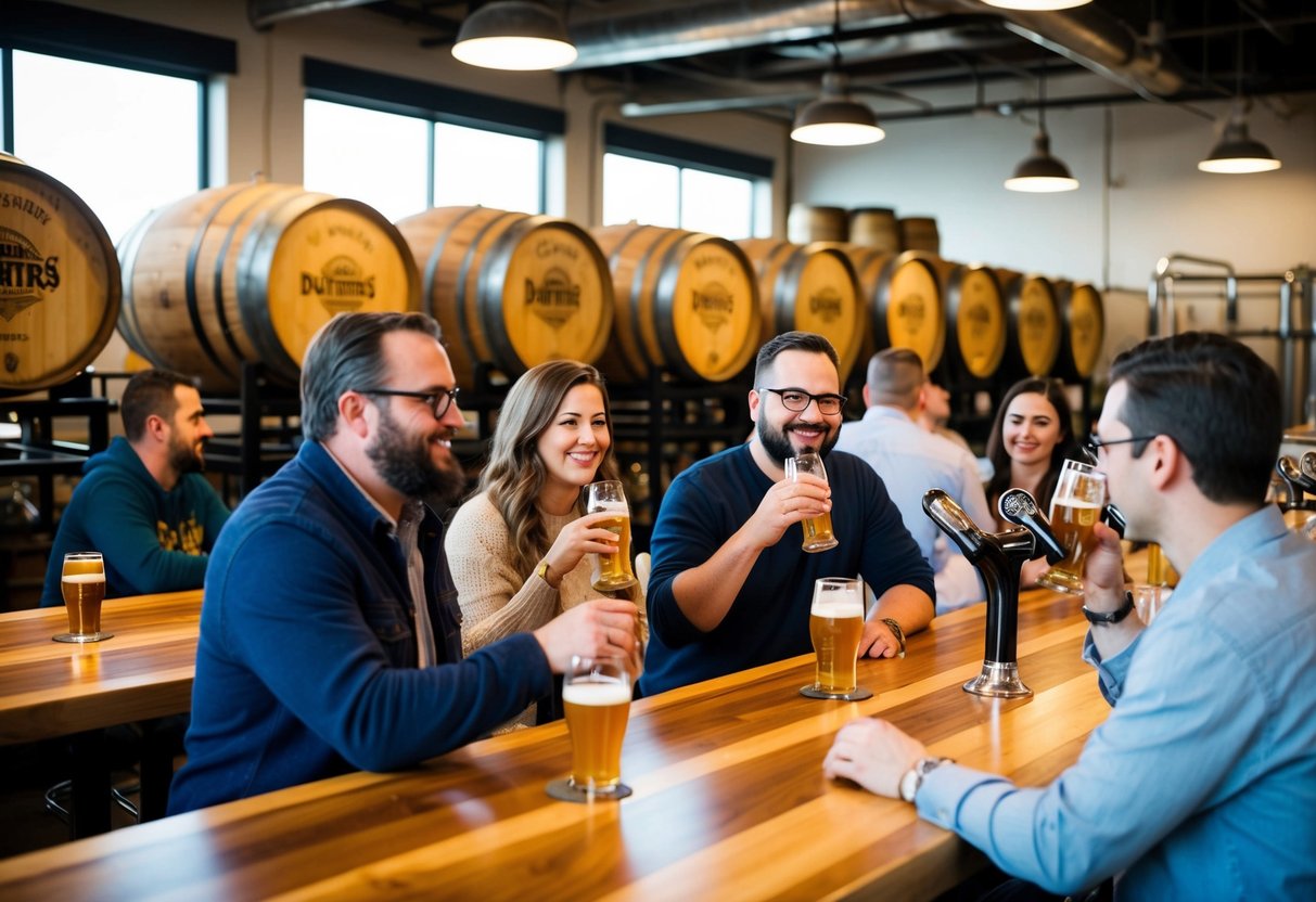 People in a brewery, sipping craft beer at Druthers Brewing Company in Albany, NY. Barrels, taps, and cozy seating fill the space
