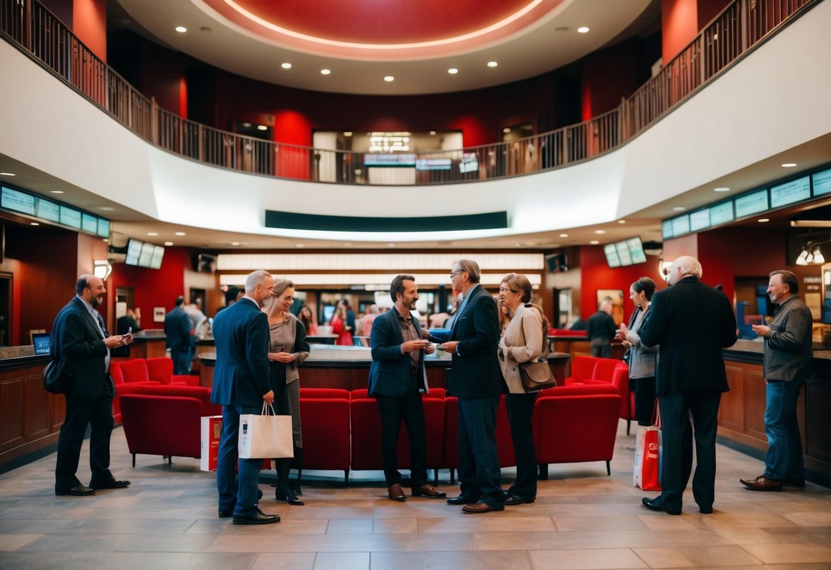 A bustling theater lobby with patrons chatting and purchasing tickets