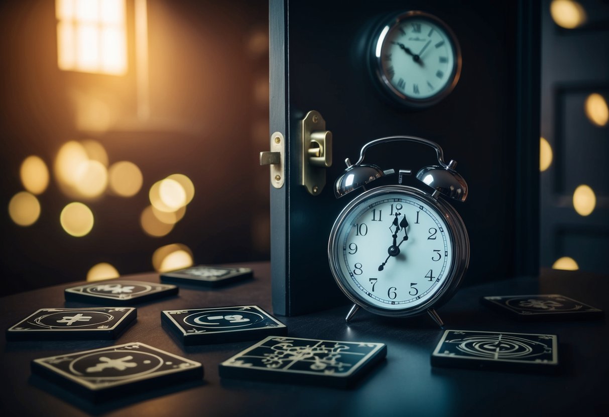 A dimly lit room with cryptic symbols and puzzles scattered around, a locked door and a ticking clock create an atmosphere of mystery and intrigue