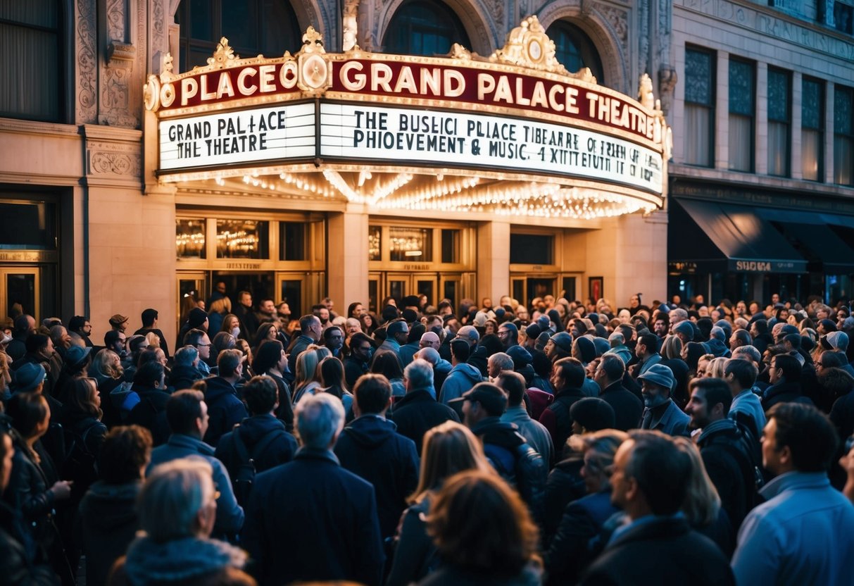 A bustling crowd gathers outside the grand Palace Theatre, its marquee glowing with the promise of an evening filled with music and excitement