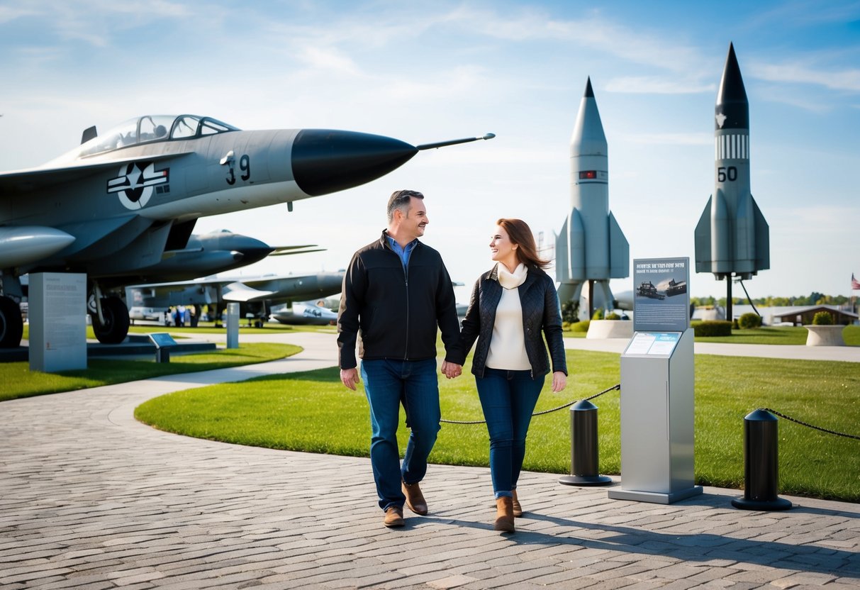 A couple exploring the outdoor exhibits at the National Museum of Nuclear Science & History, with a backdrop of vintage military aircraft and missile displays