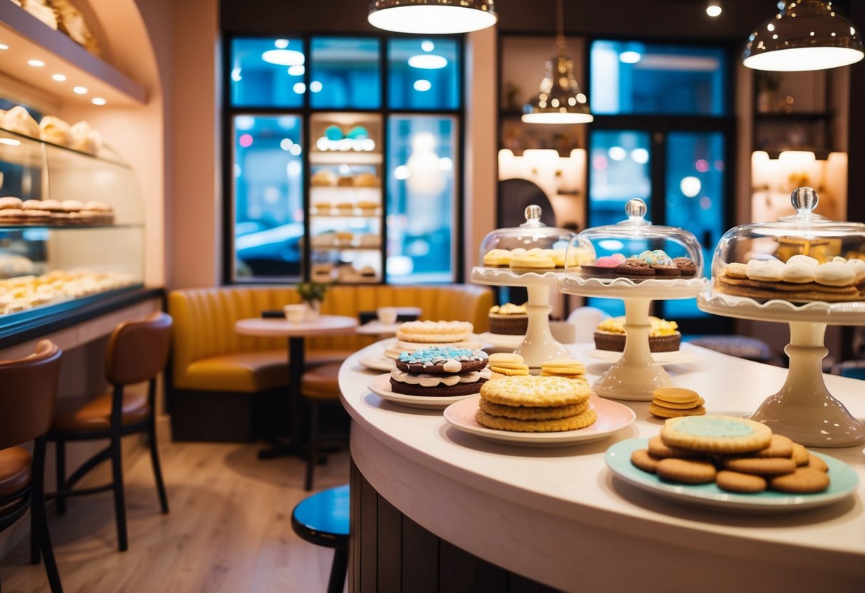 A cozy dessert shop with colorful cookies and sweet treats on display, inviting atmosphere with warm lighting and comfortable seating