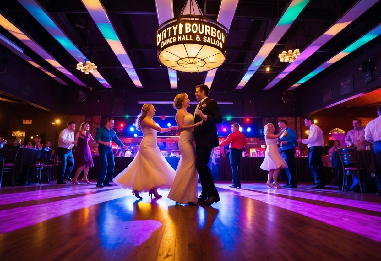 A lively dance floor at Dirty Bourbon Dance Hall & Saloon, with colorful lights and couples twirling to the music