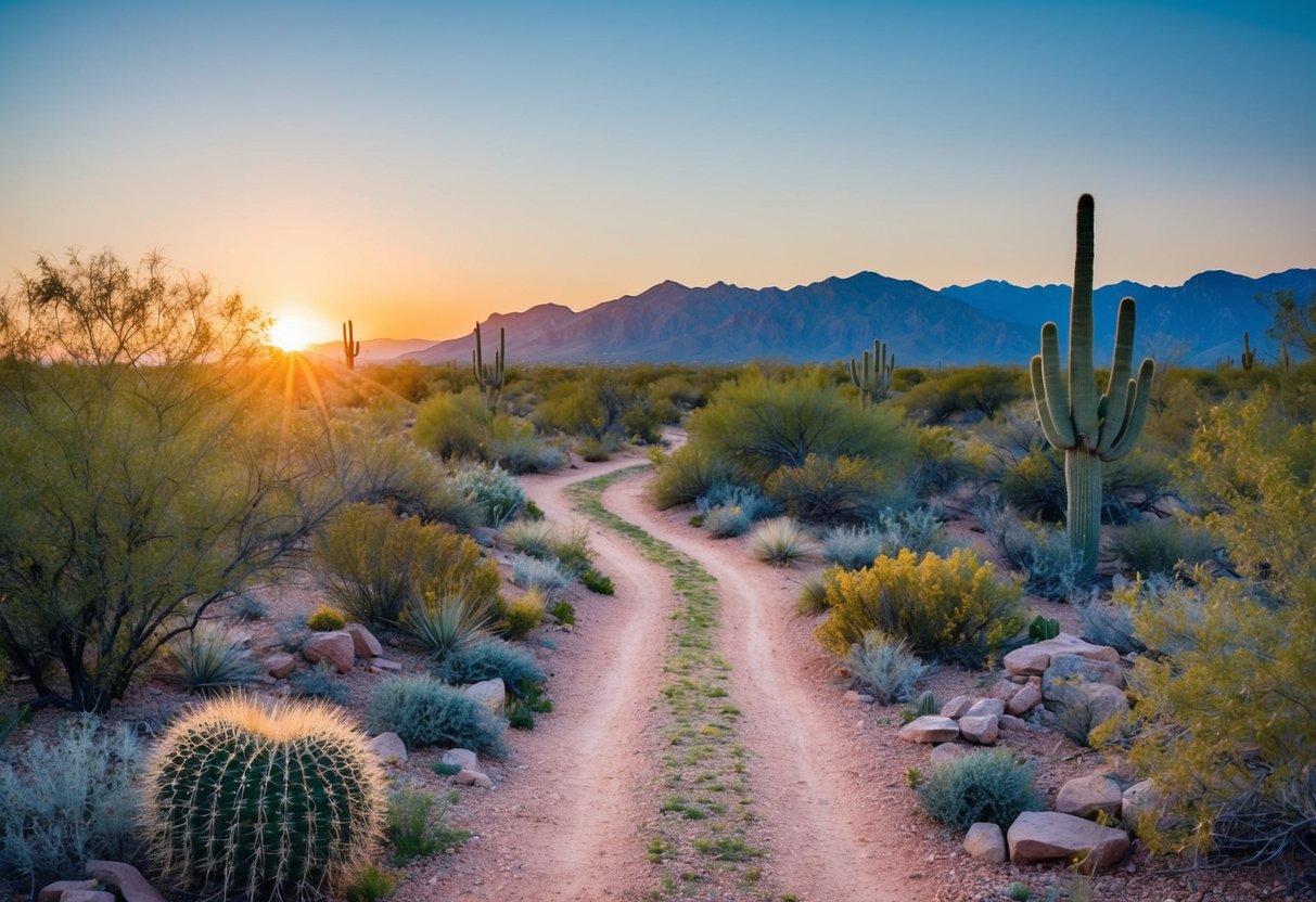 A winding trail leads through a lush desert landscape, with cacti, scrub brush, and rocky outcrops. The sun sets behind the mountains, casting a warm glow over the scene