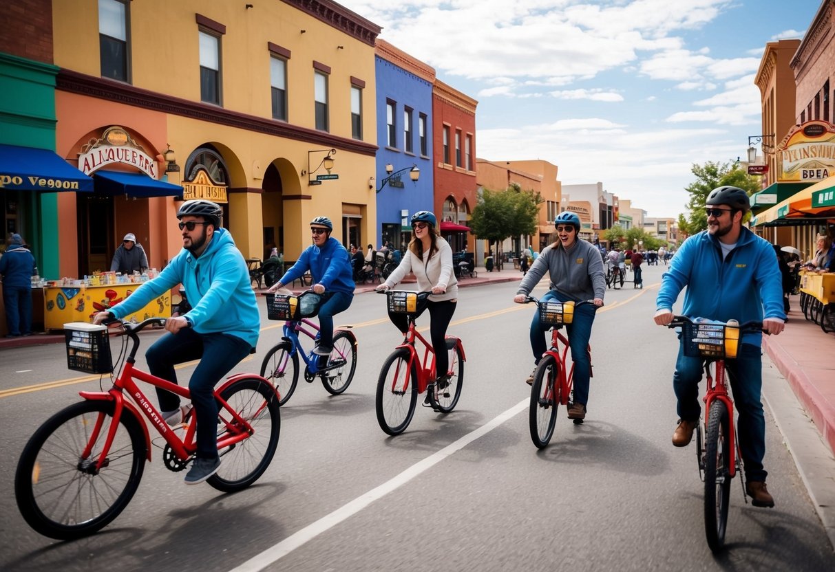 A group of people pedaling a beer bike through the streets of Albuquerque, passing by colorful buildings and lively street vendors