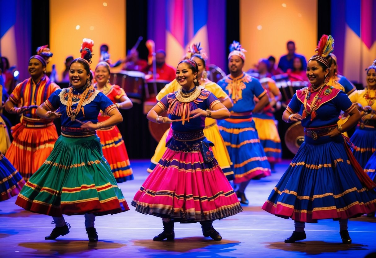 Vibrant dancers and musicians fill the stage at the Gathering of Nations cultural showcase in Albuquerque. Bright costumes and traditional instruments create a lively atmosphere