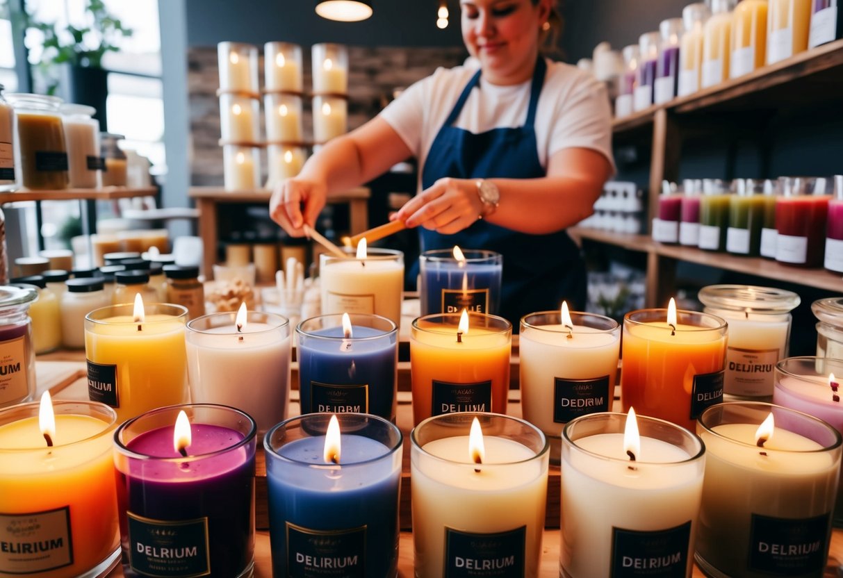 Candles being crafted at Candle Delirium, with various scents and colors on display