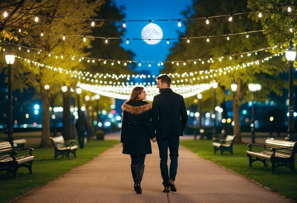 A couple strolling through a city park at night, illuminated by twinkling string lights and the glow of the moon