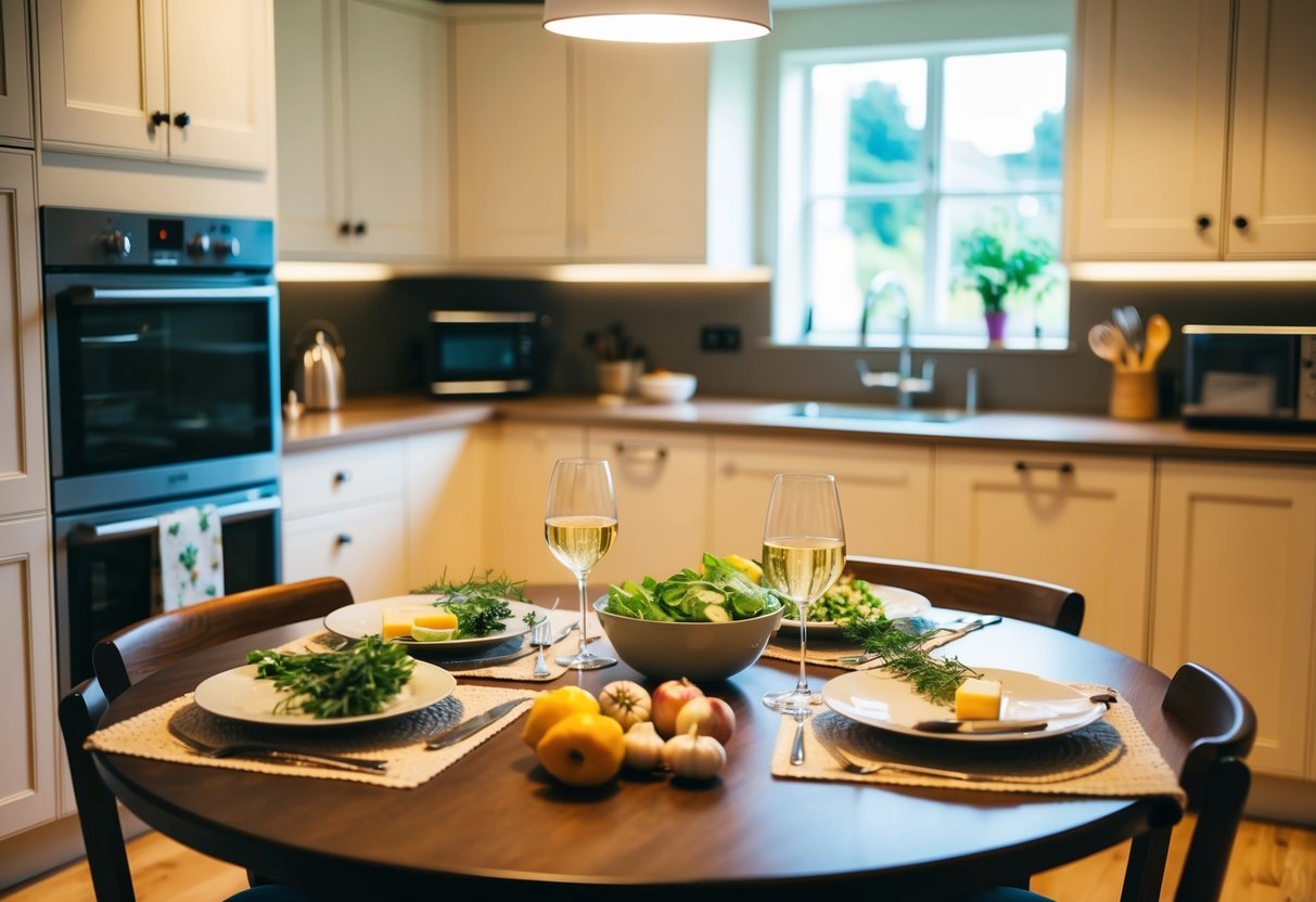 A cozy kitchen with soft lighting, a table set for two, and ingredients laid out for a cooking class