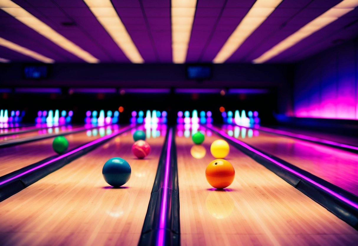 Neon-lit bowling alley with glowing lanes and bright, colorful balls rolling towards pins in the dark