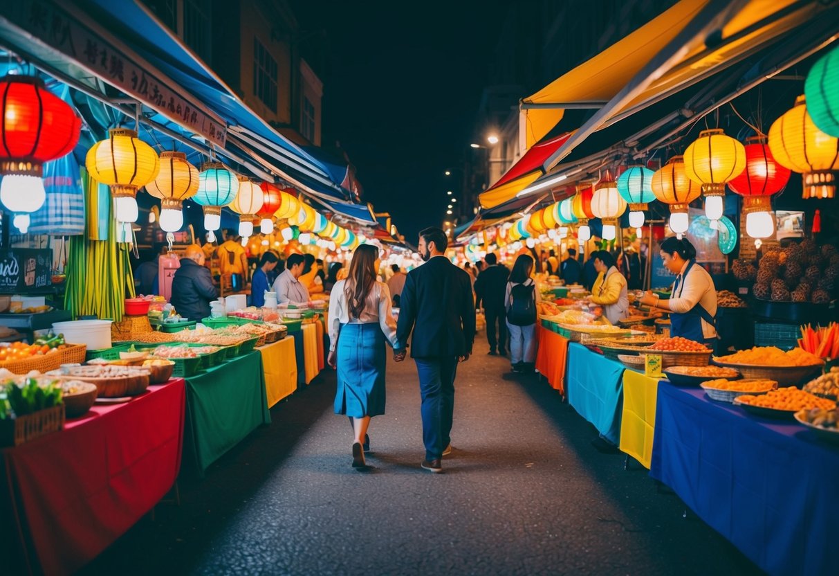 Colorful stalls line the bustling night market, filled with exotic foods, handmade crafts, and glowing lanterns. A couple walks hand in hand, taking in the vibrant atmosphere