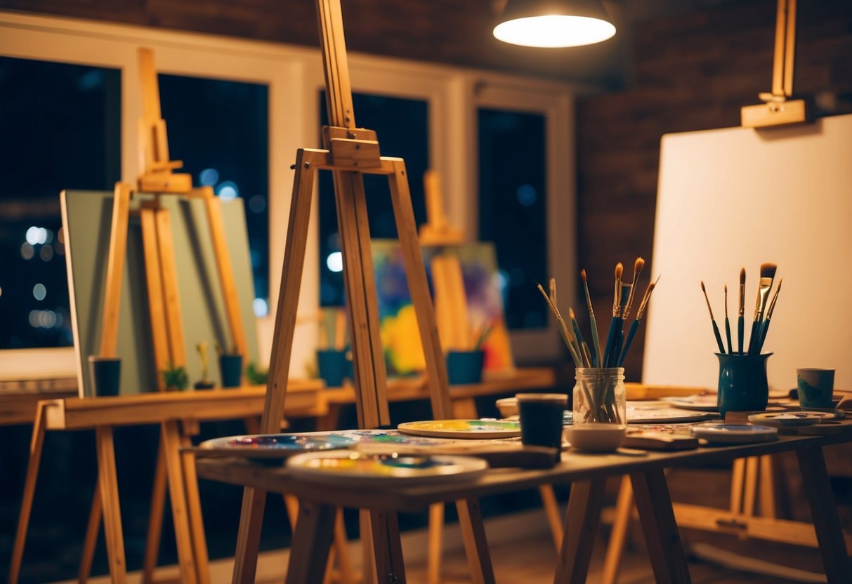 A cozy art studio at night, softly lit with warm, ambient lighting. Easels and canvases are set up, with paint palettes and brushes ready for use