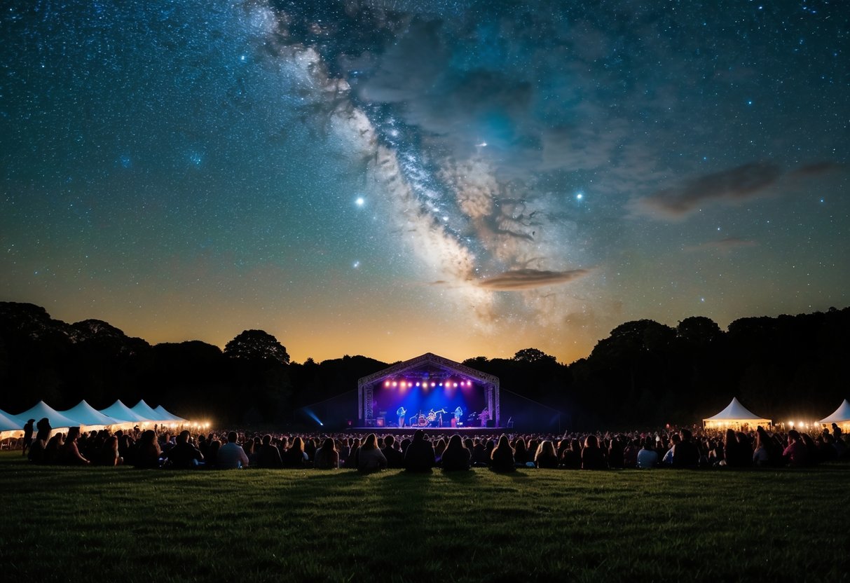 A starlit sky over a grassy field with twinkling lights, a stage, and a crowd of silhouetted figures enjoying live music