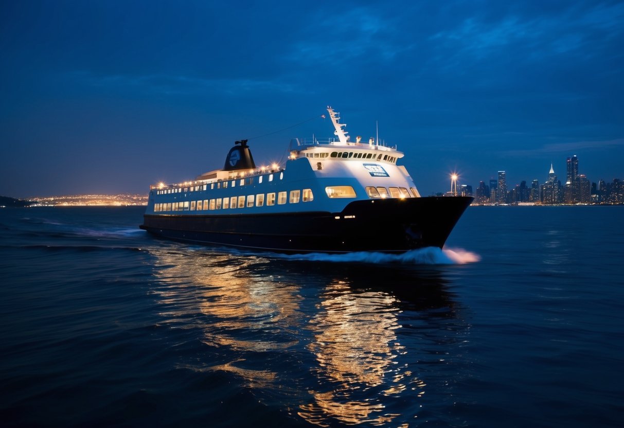 A ferry glides through the dark waters, its lights reflecting off the rippling surface. The skyline is illuminated in the distance, creating a romantic and serene atmosphere