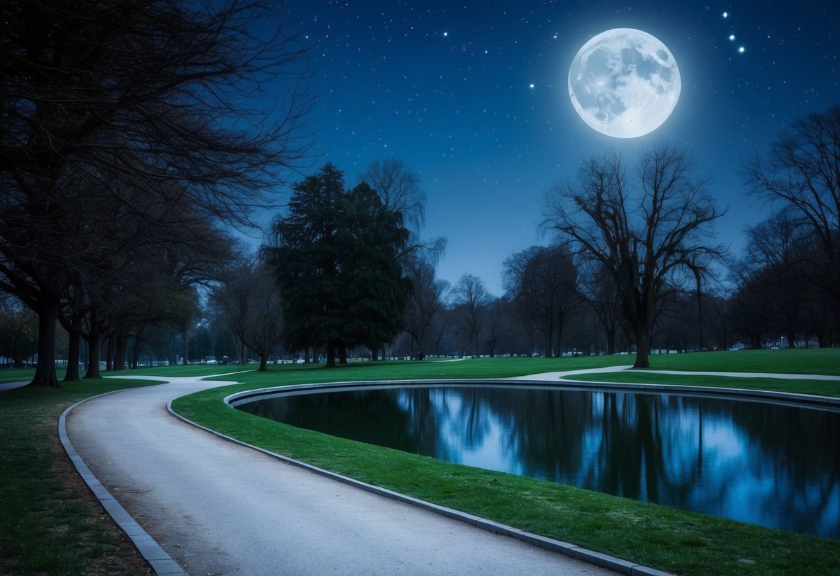 A moonlit park with a winding path, shadowy trees, and a tranquil pond reflecting the stars