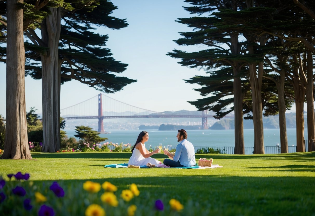 A couple picnicking in a lush green park with a view of the San Francisco Bay, surrounded by tall trees and colorful flowers